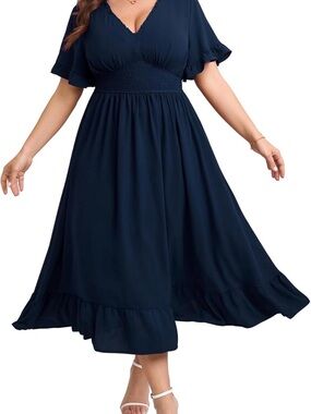 SHESTARR Plus Size Navy V-Neck Maxi Dress Dress